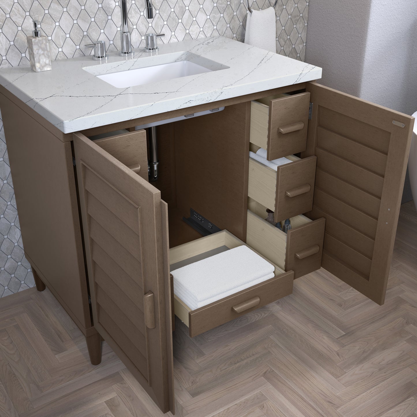 James Martin Portland 36" Single Vanity Whitewashed Walnut with 3 CM Countertop