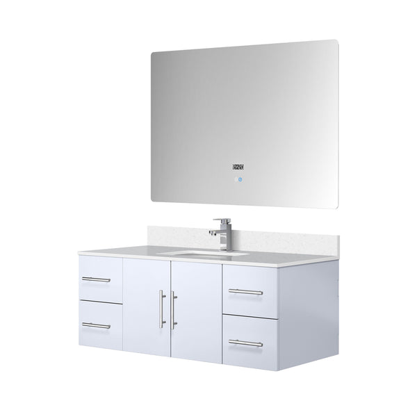 Lexora Collection Geneva 48 inch Bath Vanity, White Quartz Top, Faucet Set, and 48 inch LED Mirror - Luxe Bathroom Vanities