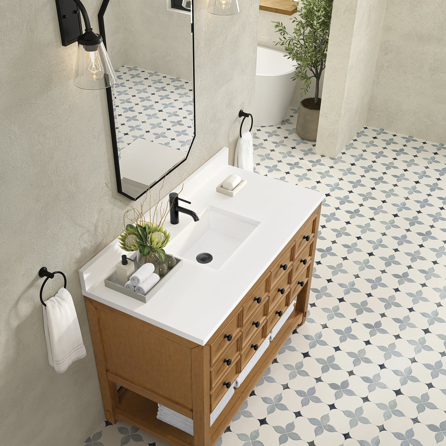 James Martin Malibu 48" Single Vanity, Amber Birch w/ Single Hole 3 CM White Zeus Quartz Top & Backsplash - Luxe Bathroom Vanities