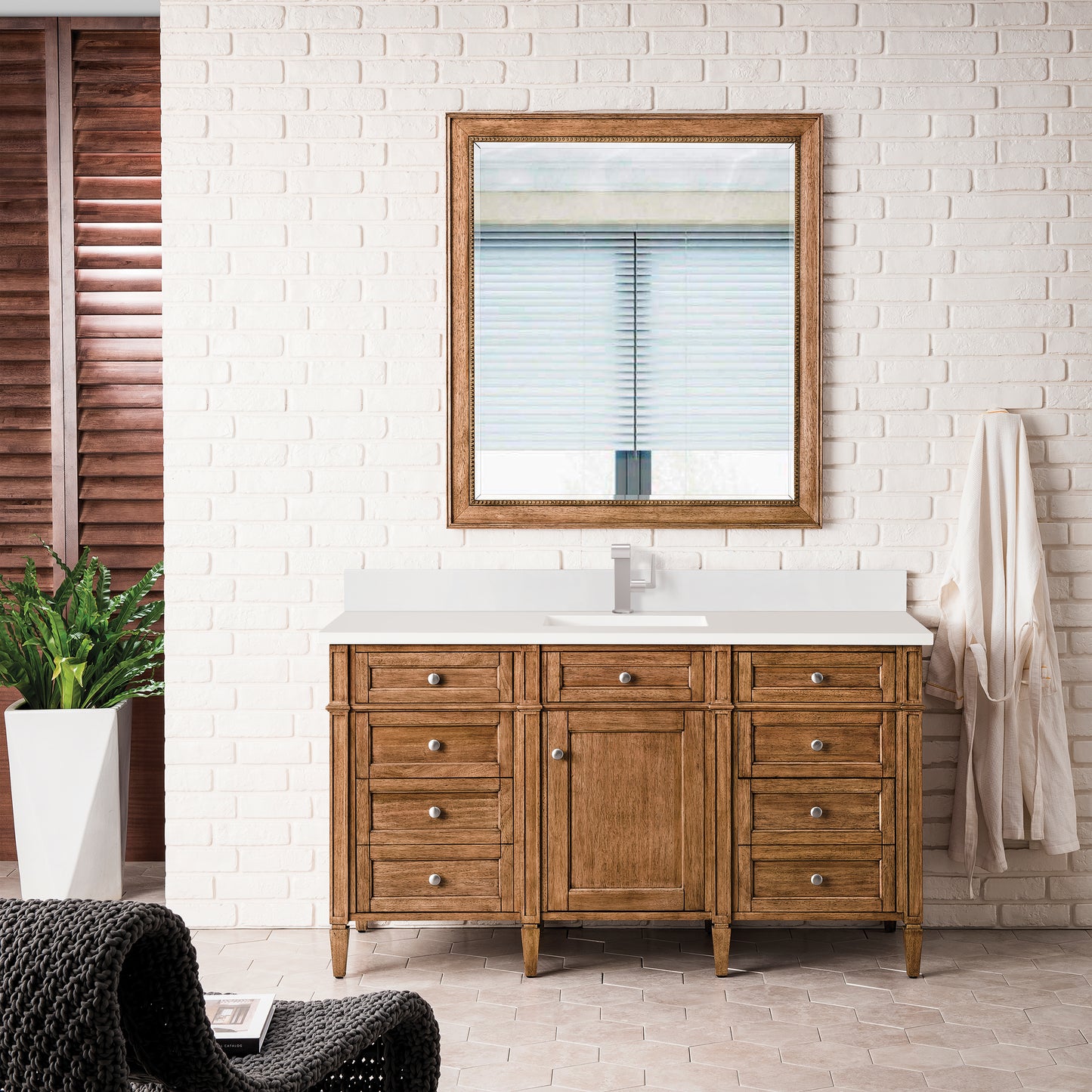 James Martin Brittany 60" Single Vanity with Single Hole 3 CM White Zeus Silestone Top & Backsplash