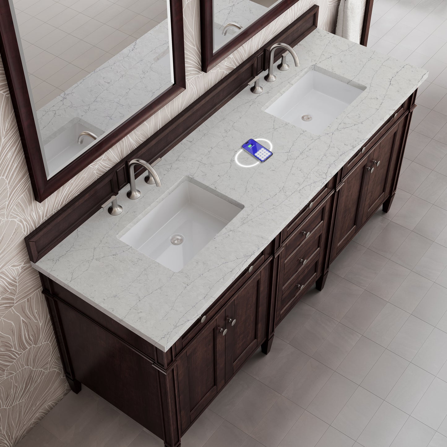 James Martin Brittany 72" Double Vanity with 3 CM Countertop & FreePower Wireless Charger