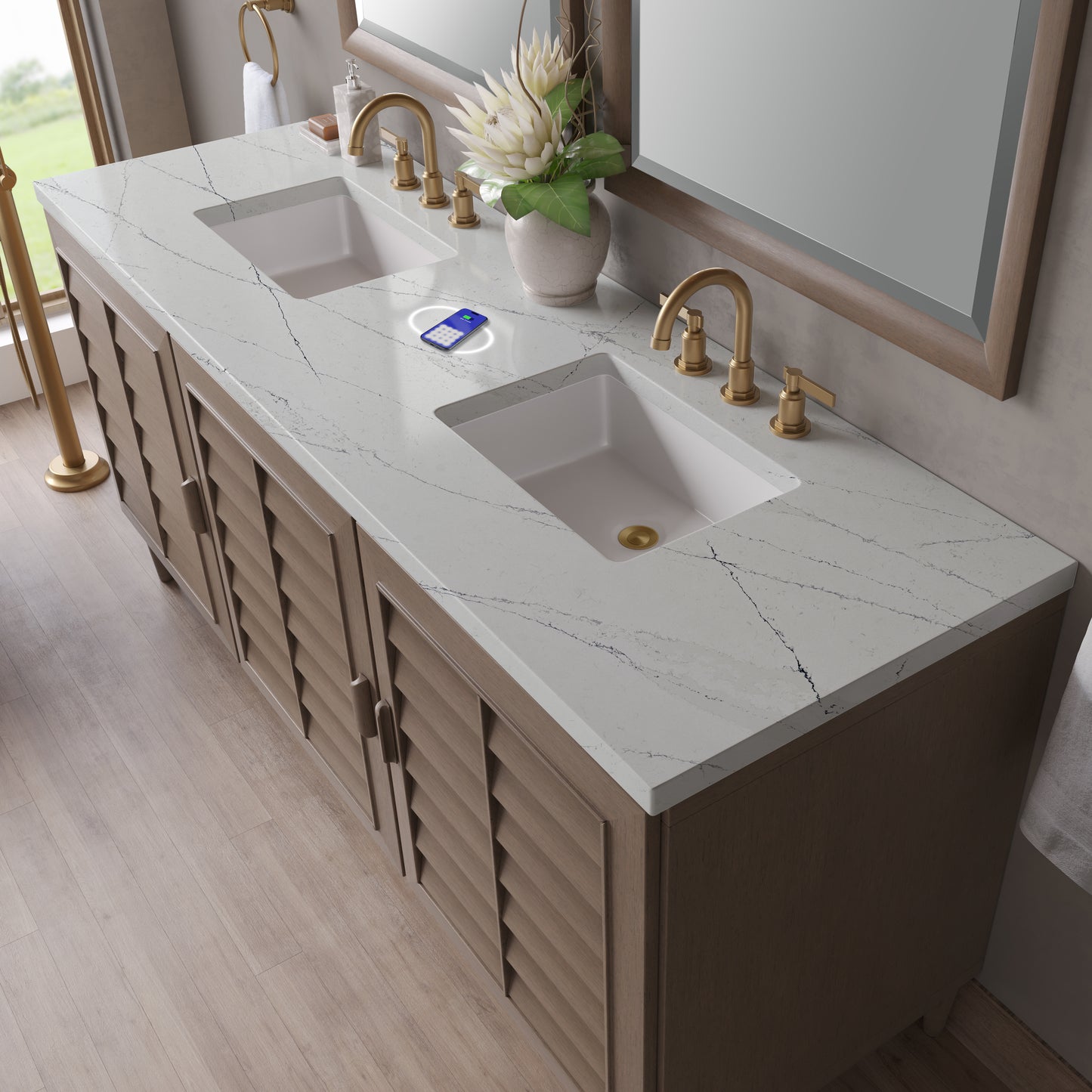 James Martin Portland 72" Double Vanity Whitewashed Walnut with 3 CM Countertop & FreePower Wireless Charger