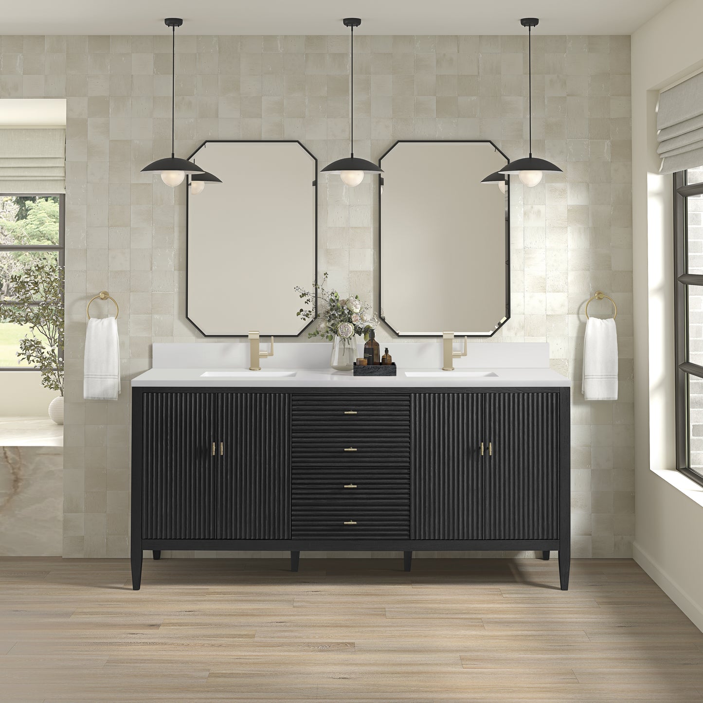 James Martin Myrrin 72" Double Vanity with Single Hole 3 CM White Zeus Silestone Top & Backsplash