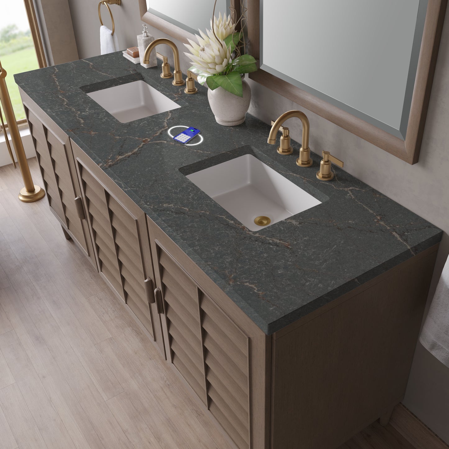 James Martin Portland 72" Double Vanity Whitewashed Walnut with 3 CM Countertop & FreePower Wireless Charger