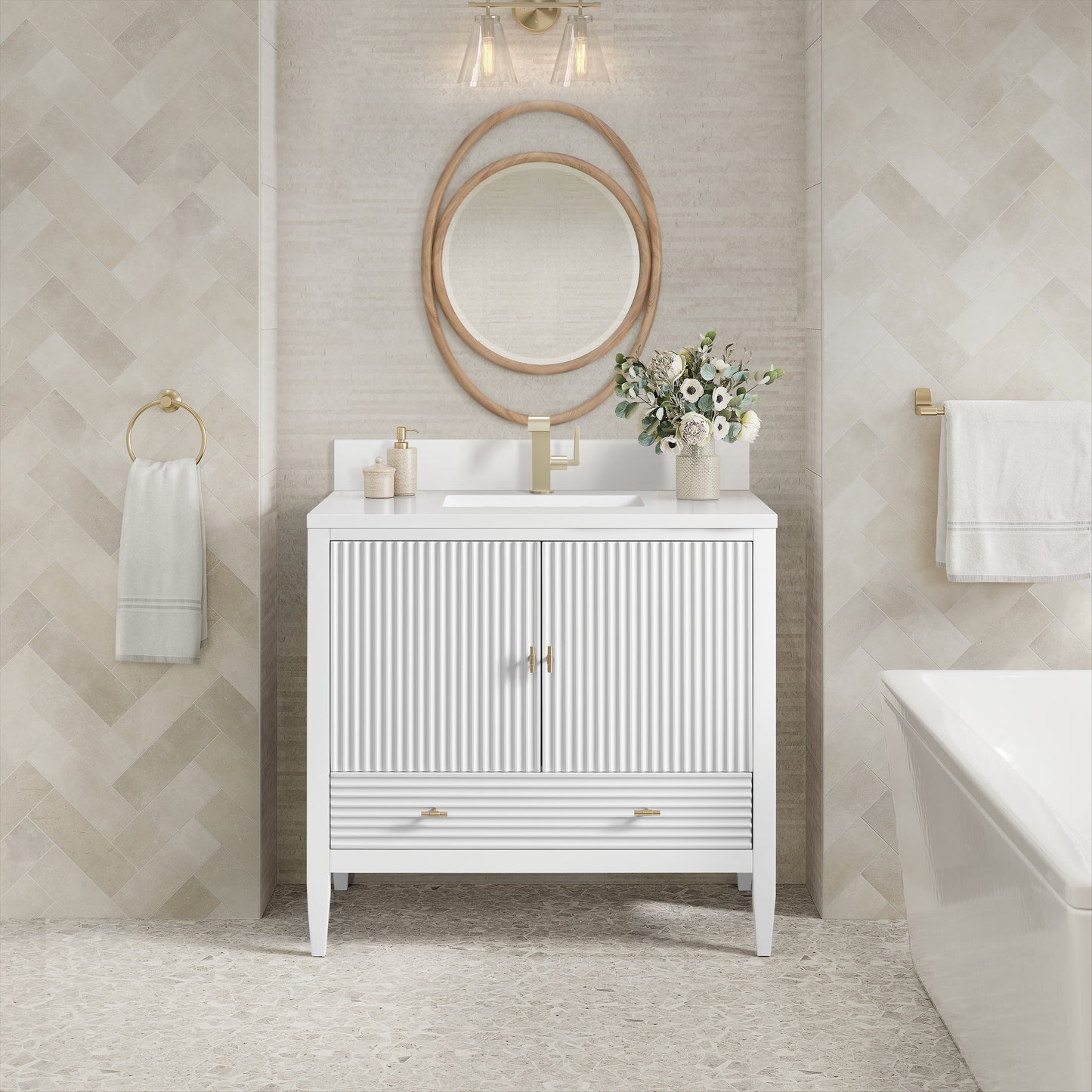 James Martin Myrrin 36" Vanity with Single Hole 3 CM White Zeus Silestone Top & Backsplash