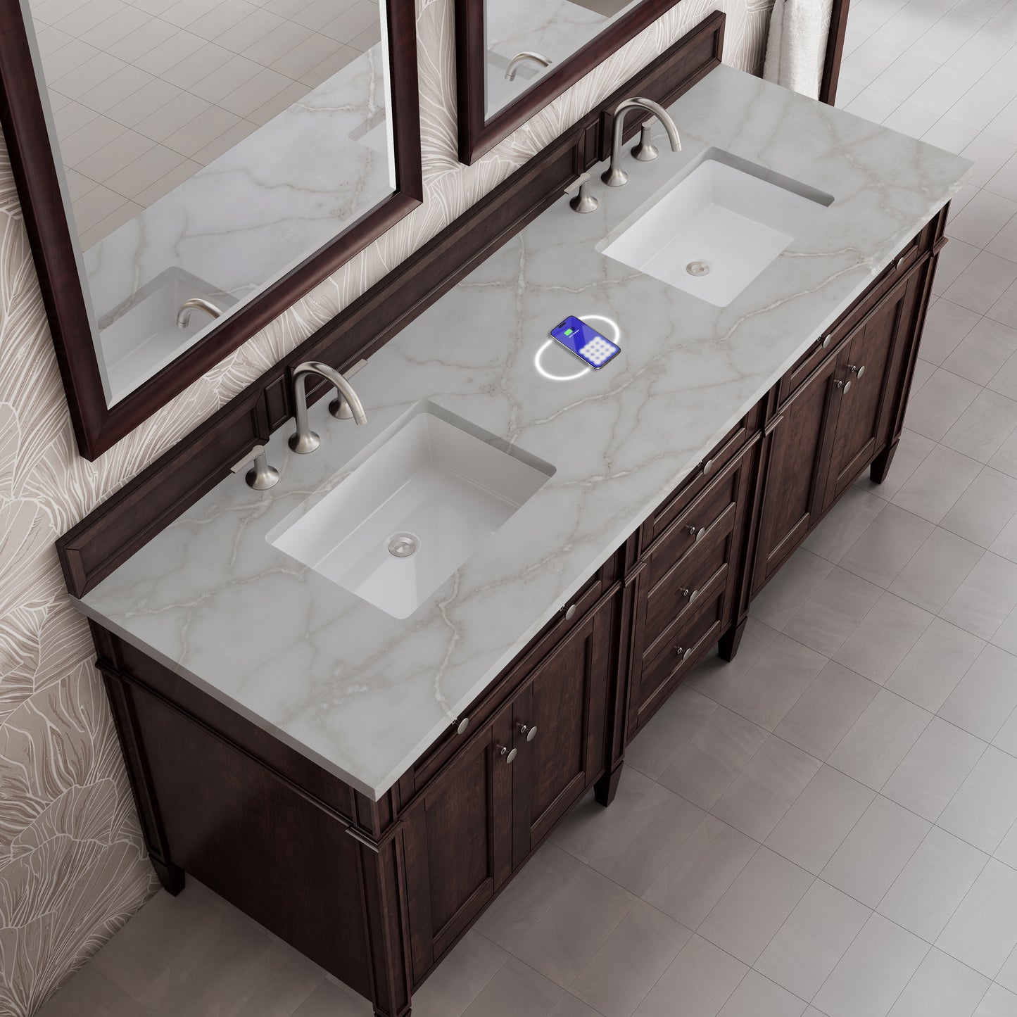 James Martin Brittany 72" Double Vanity with 3 CM Countertop & FreePower Wireless Charger