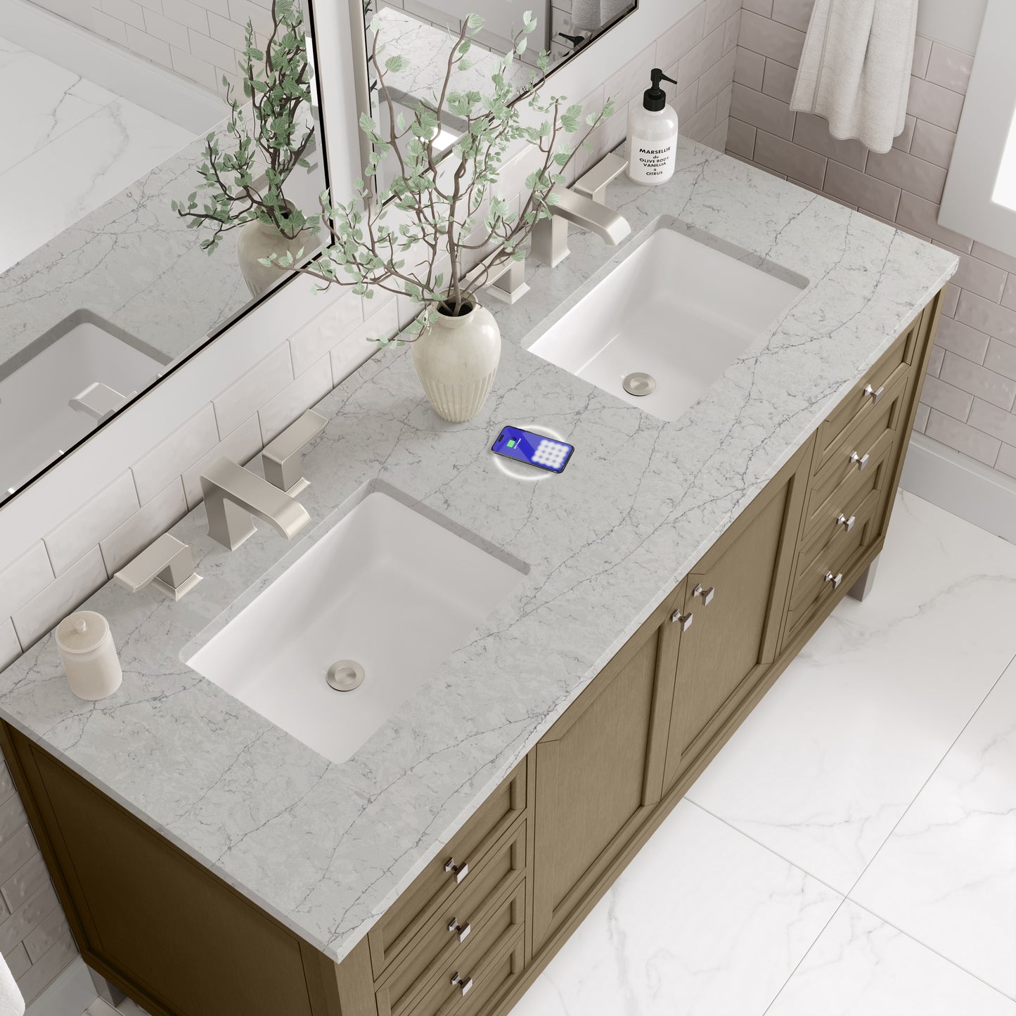 James Martin Chicago 60" Double Vanity with 3 CM Countertop & FreePower Wireless Charger