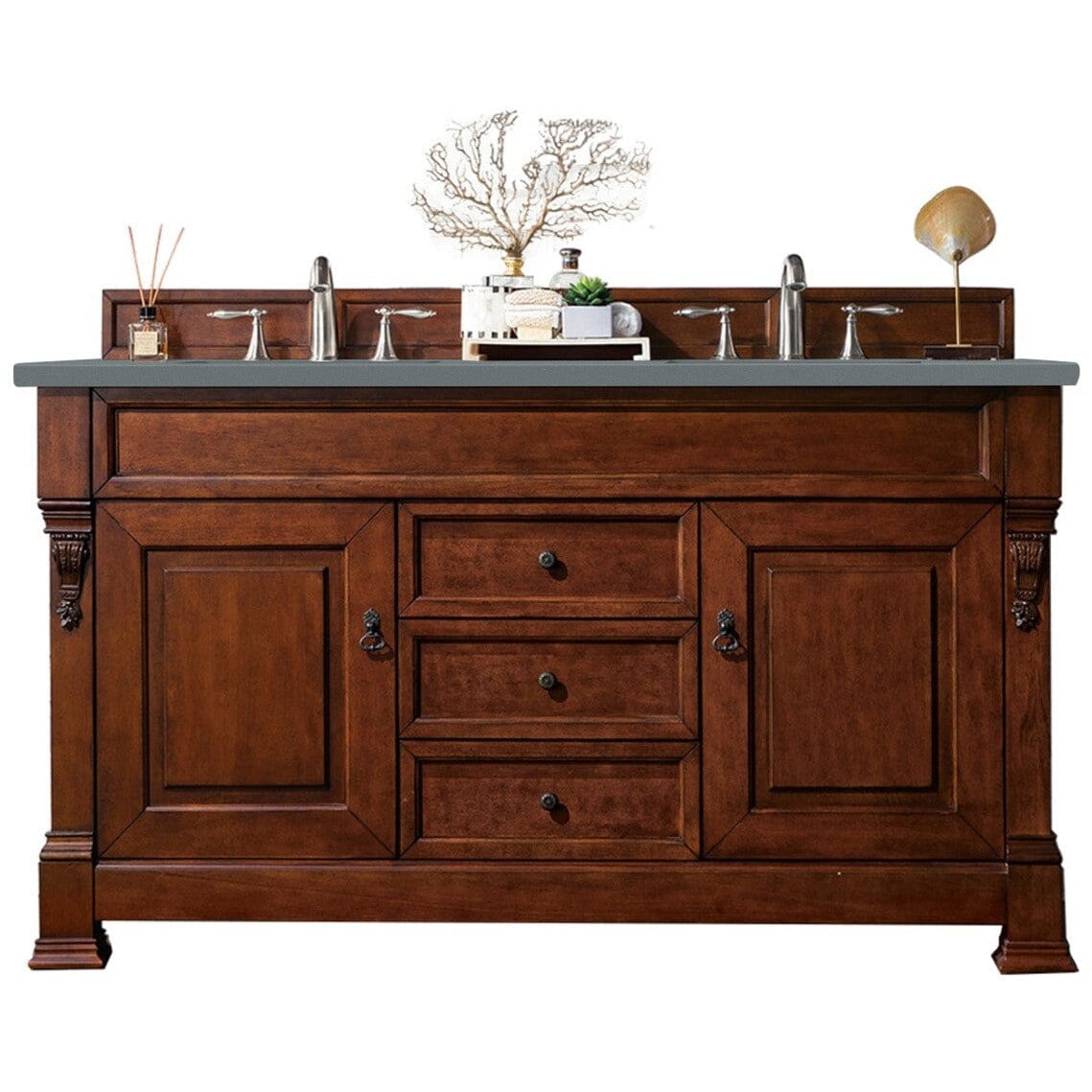 James Martin Brookfield 60" Double Vanity Vanities James Martin Warm Cherry w/ 3 CM Cala Blue Quartz Top 