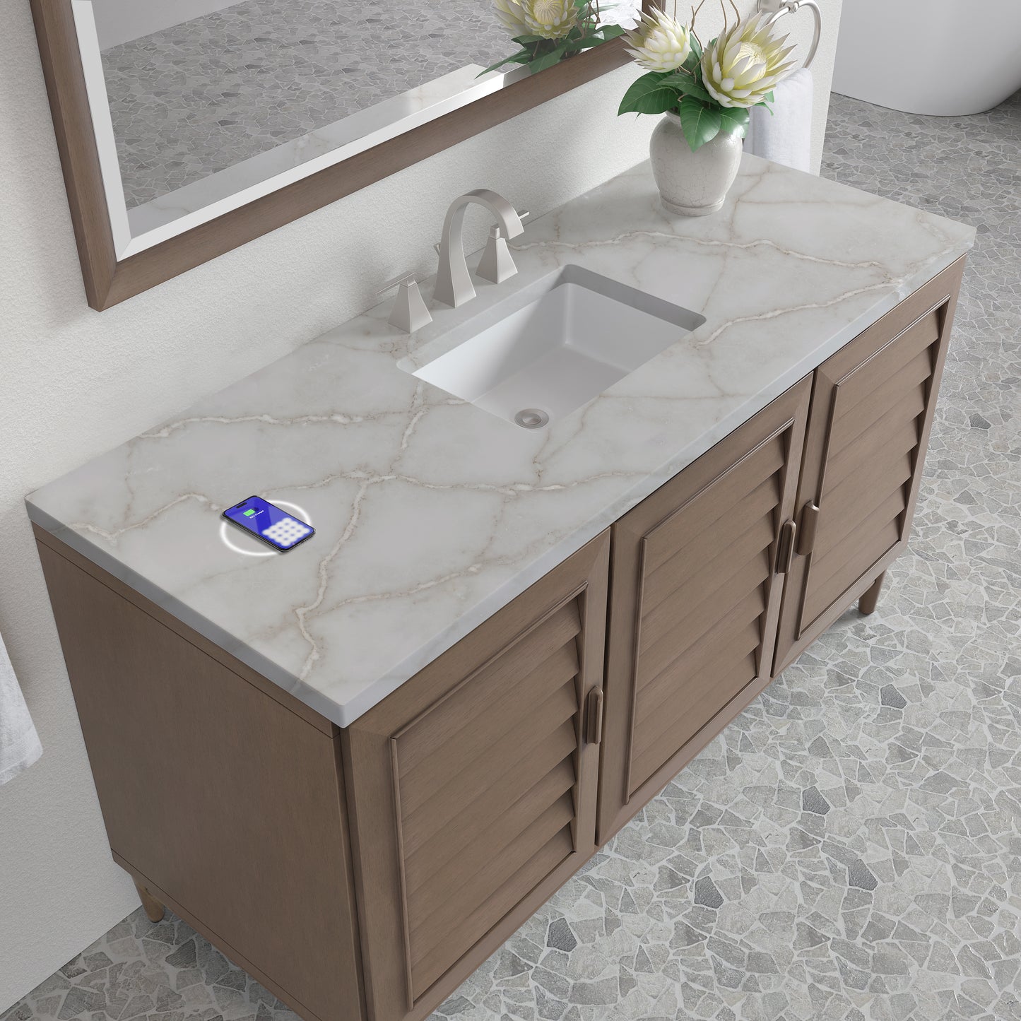 James Martin Portland 60" Single Vanity Whitewashed Walnut with 3 CM Countertop & FreePower Wireless Charger