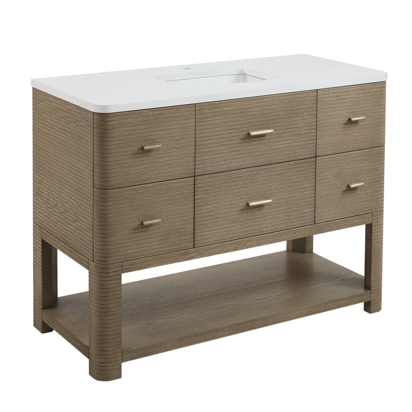James Martin Lucian 48" Single Vanity, Pebble Oak w/ 3 CM Top - Luxe Bathroom Vanities