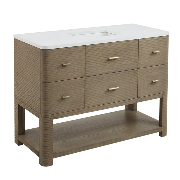 James Martin Lucian 48" Single Vanity, Pebble Oak w/ 3 CM Top - Luxe Bathroom Vanities