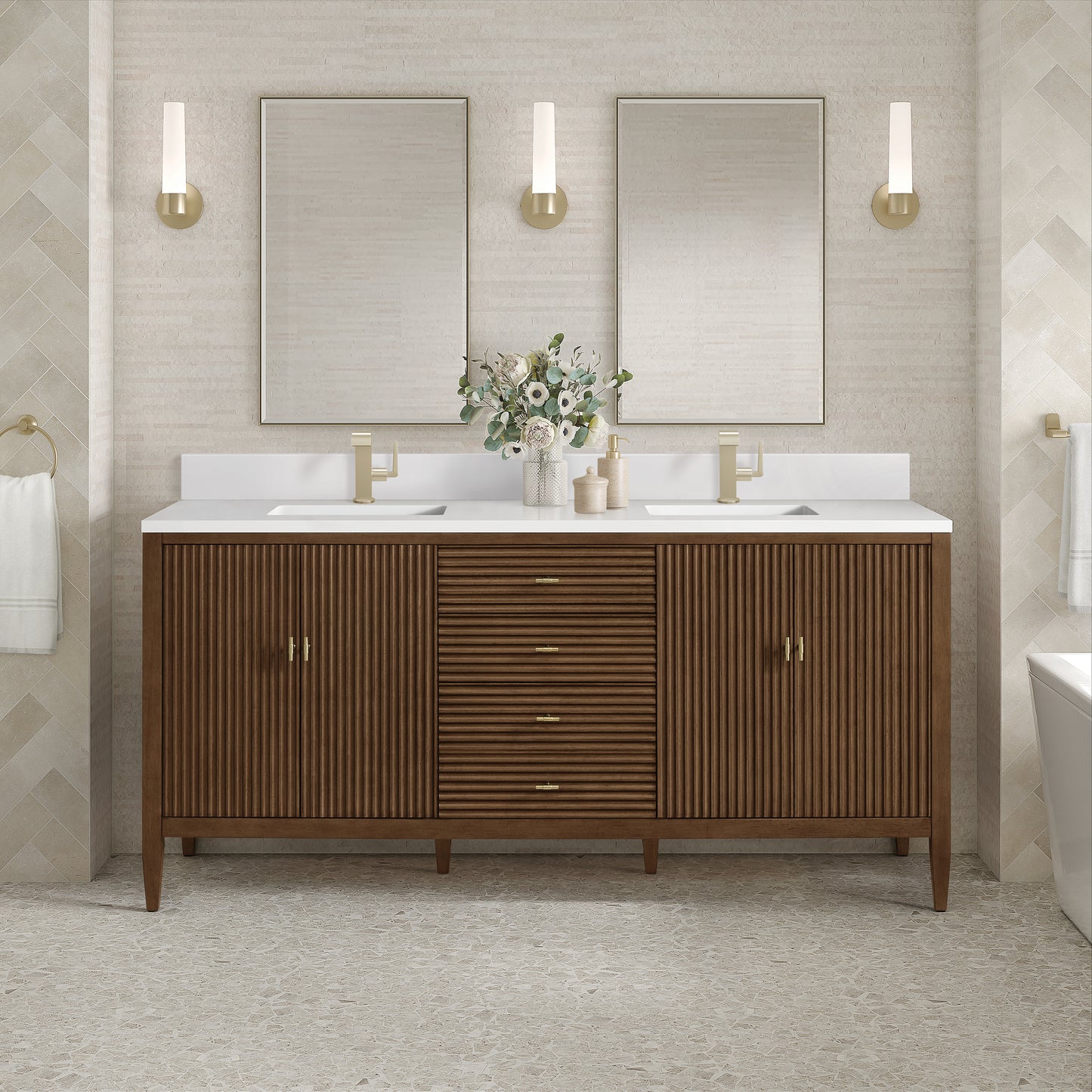 James Martin Myrrin 72" Double Vanity with Single Hole 3 CM White Zeus Silestone Top & Backsplash