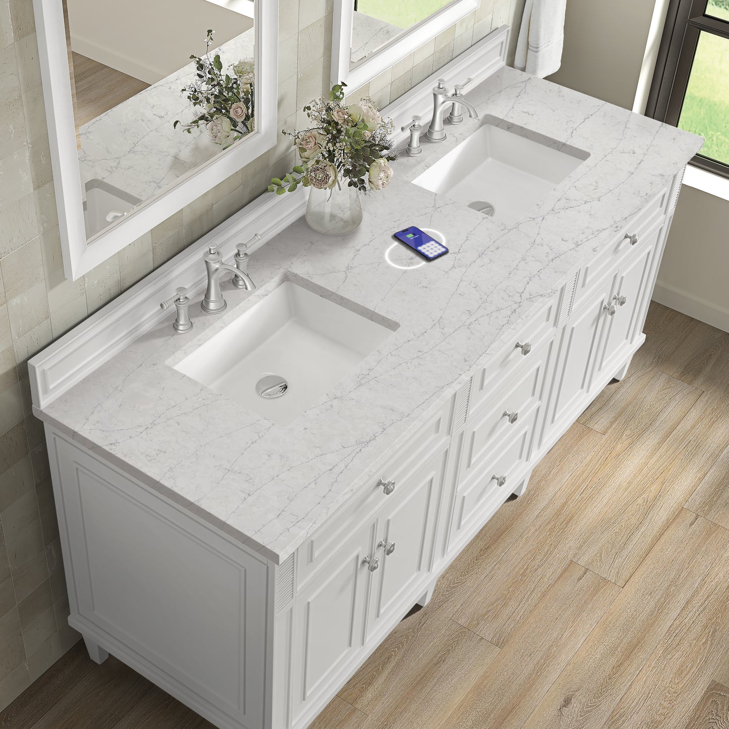James Martin Lorelai 72" Double Vanity with 3 CM Countertop & FreePower Wireless Charger
