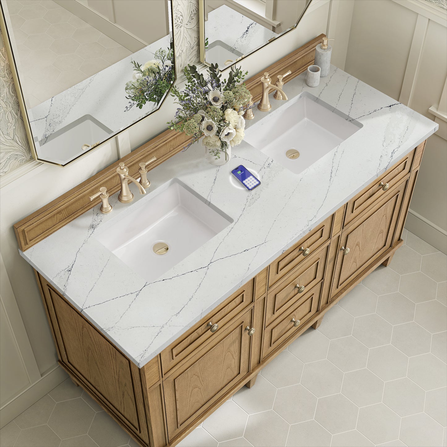 James Martin Lorelai 60" Double Vanity with 3 CM Countertop & FreePower Wireless Charger