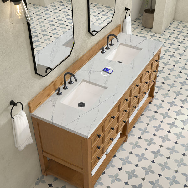 James Martin Malibu 72" Double Vanity, Amber Birch with 3 CM Countertop & FreePower Wireless Charger