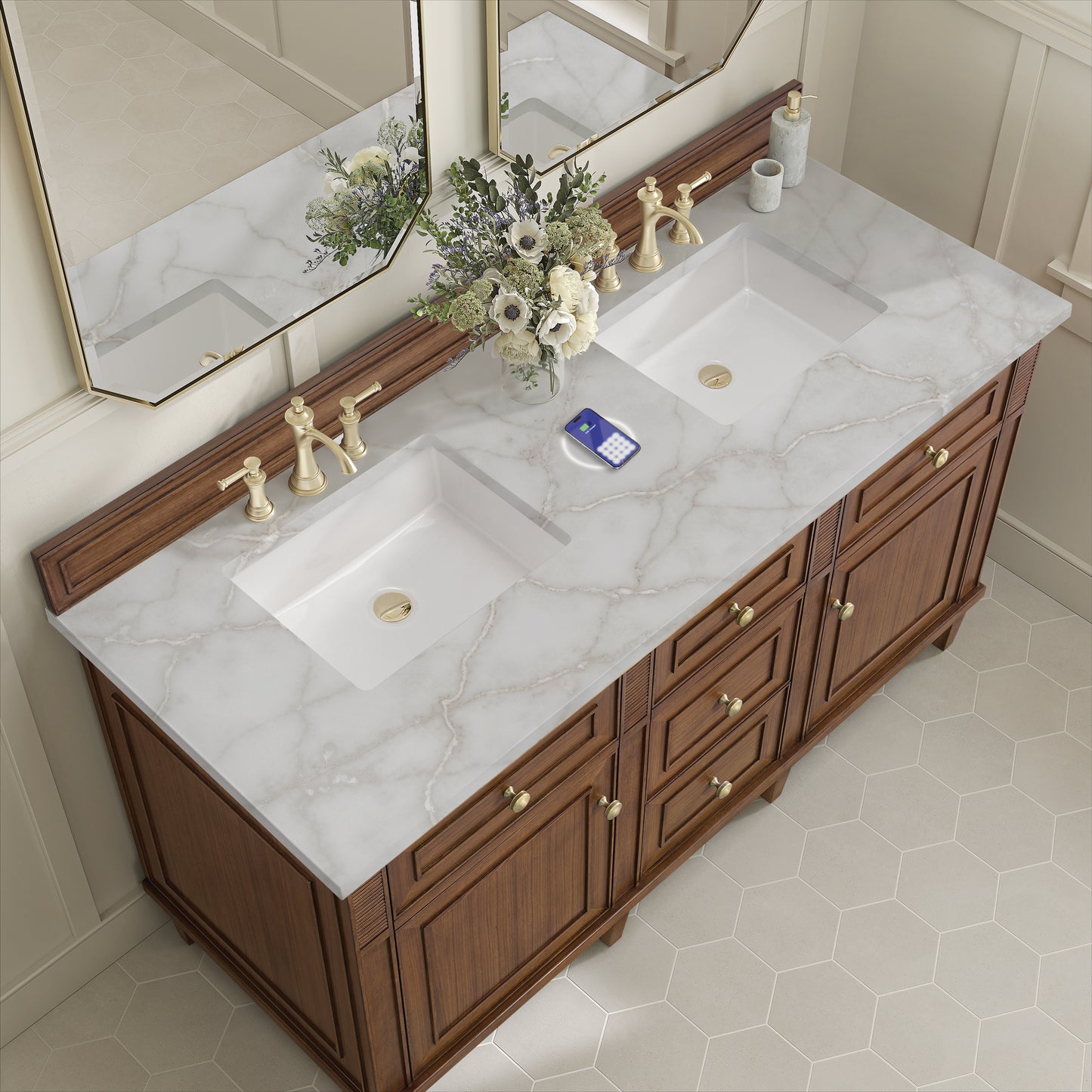 James Martin Lorelai 60" Double Vanity with 3 CM Countertop & FreePower Wireless Charger