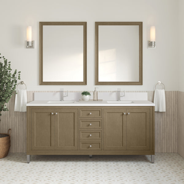James Martin Chicago 72" Double Vanity with Single Hole 3CM White Zeus Silestone Top & Backsplash