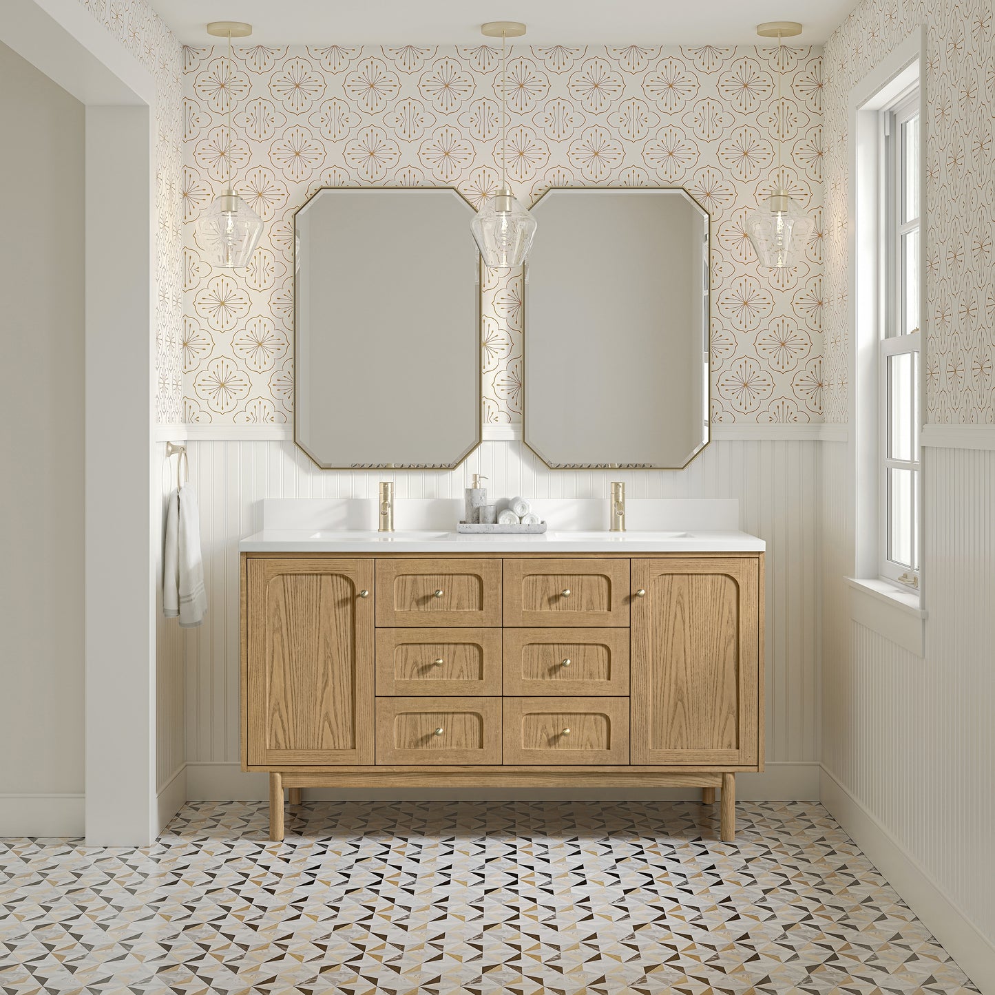 James Martin Laurent 60" Double Vanity with Single Hole 3 CM White Zeus Silestone Top & Matching Backsplash
