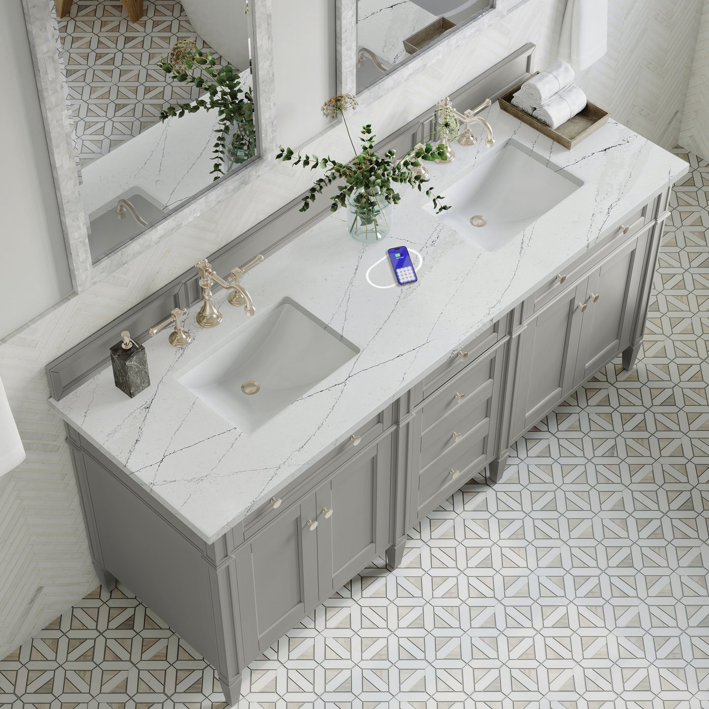 James Martin Brittany 72" Double Vanity with 3 CM Countertop & FreePower Wireless Charger
