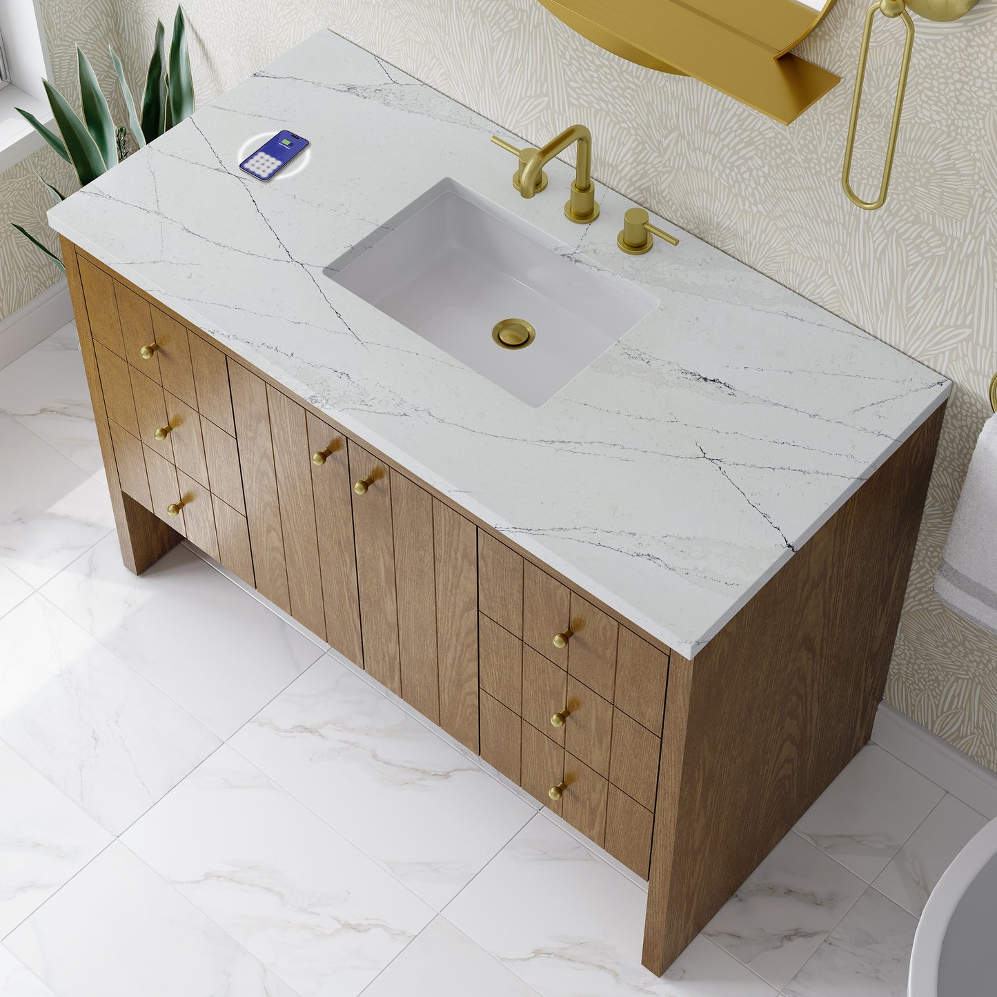 James Martin Hudson 48" Single Vanity Honey Oak w/ 3 CM Countertop & FreePower Wireless Charger