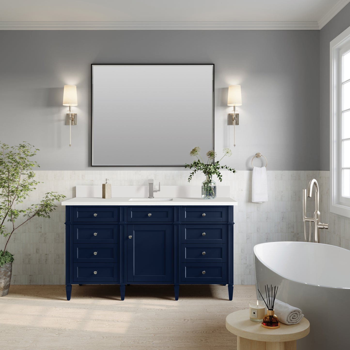 James Martin Brittany 60" Single Vanity with Single Hole 3 CM White Zeus Silestone Top & Backsplash