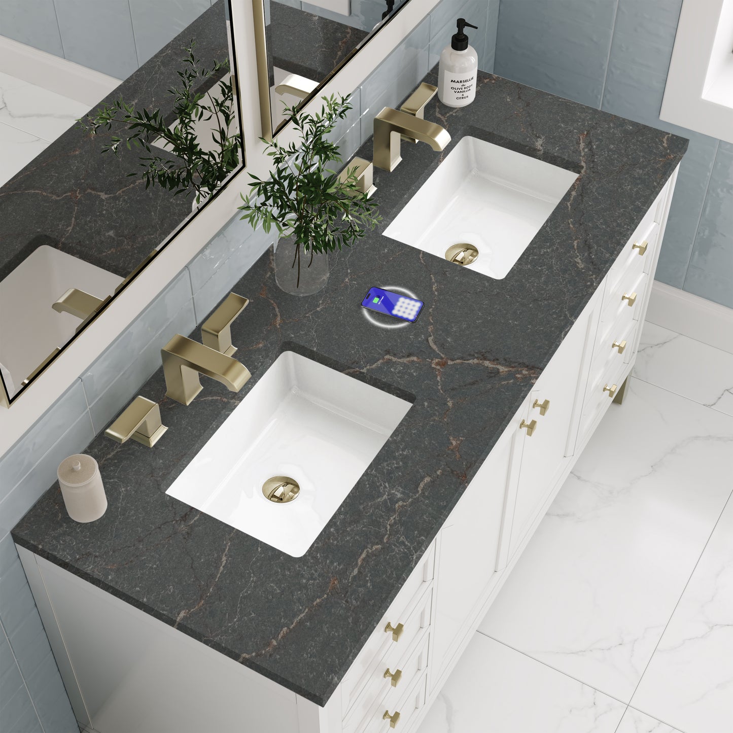 James Martin Chicago 60" Double Vanity with 3 CM Countertop & FreePower Wireless Charger