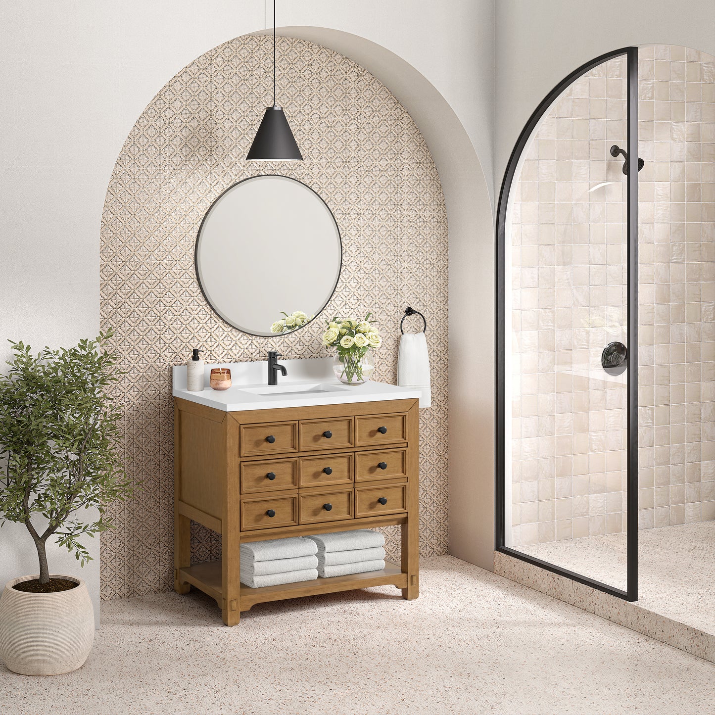 James Martin Malibu 36" Single Vanity, Amber Birch w/ 3 CM Counter Top - Luxe Bathroom Vanities