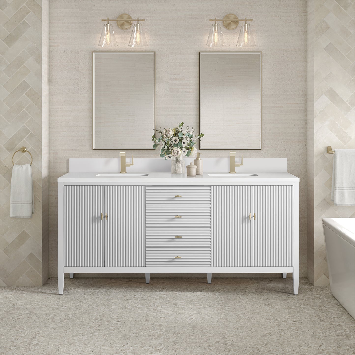 James Martin Myrrin 72" Double Vanity with Single Hole 3 CM White Zeus Silestone Top & Backsplash