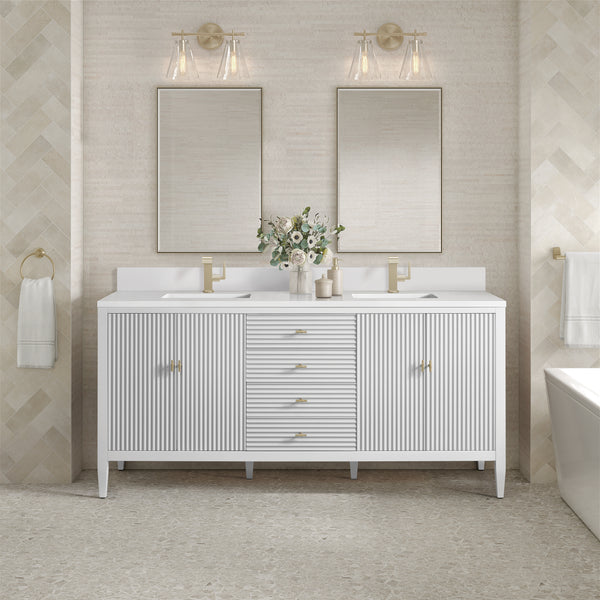 James Martin Myrrin 72" Double Vanity with Single Hole 3 CM White Zeus Silestone Top & Backsplash
