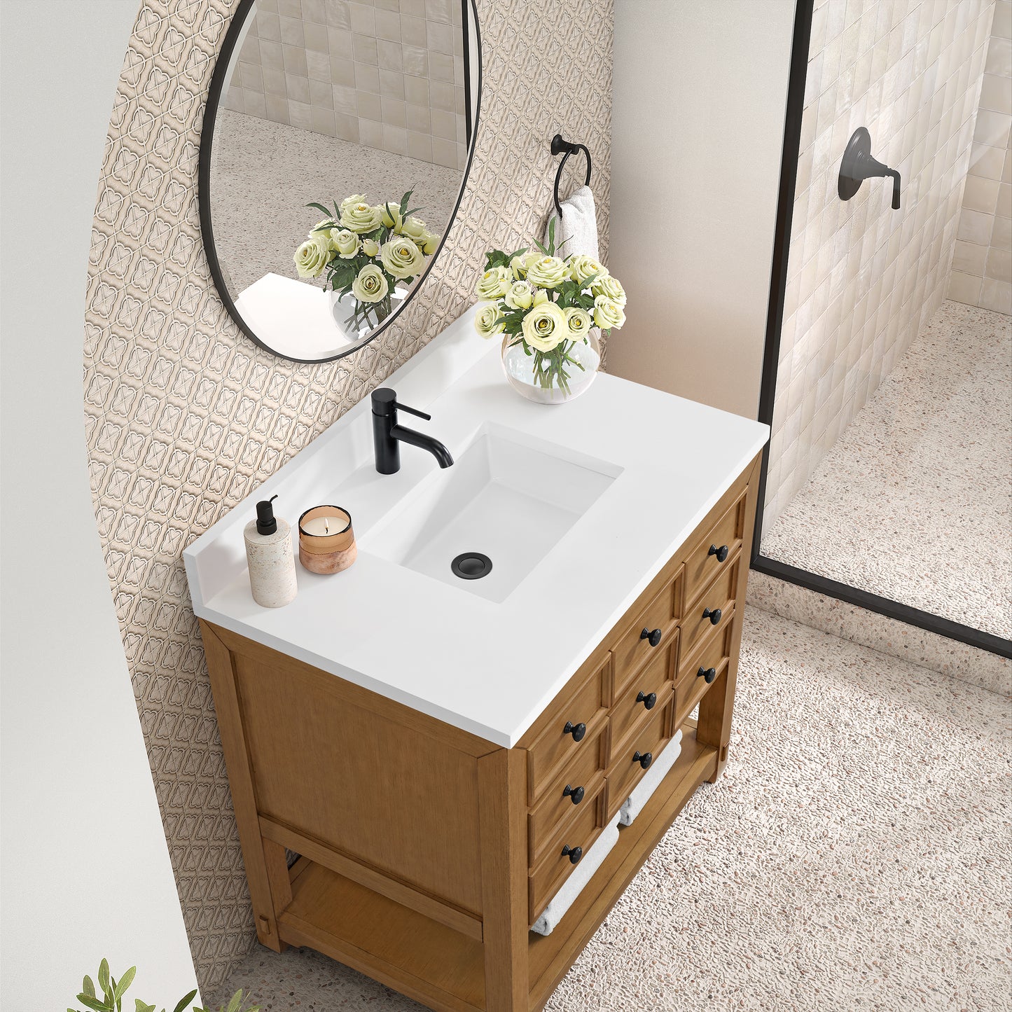 James Martin Malibu 36" Single Vanity, Amber Birch w/ Single Hole 3 CM White Zeus Top & Backsplash - Luxe Bathroom Vanities