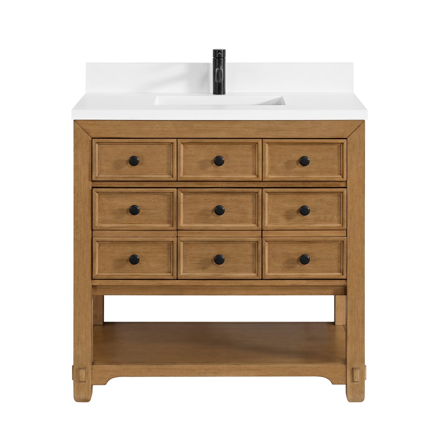 James Martin Malibu 36" Single Vanity, Amber Birch w/ Single Hole 3 CM White Zeus Top & Backsplash - Luxe Bathroom Vanities