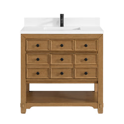 James Martin Malibu 36" Single Vanity, Amber Birch w/ Single Hole 3 CM White Zeus Top & Backsplash - Luxe Bathroom Vanities