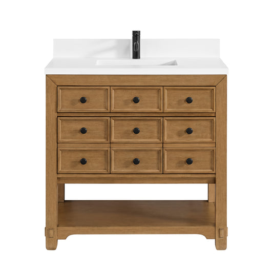 James Martin Malibu 36" Single Vanity, Amber Birch w/ Single Hole 3 CM White Zeus Top & Backsplash - Luxe Bathroom Vanities