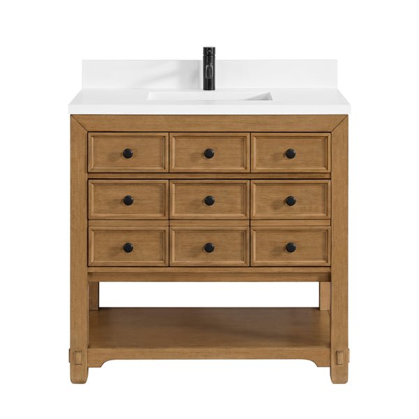 James Martin Malibu 36" Single Vanity, Amber Birch w/ Single Hole 3 CM White Zeus Top & Backsplash - Luxe Bathroom Vanities
