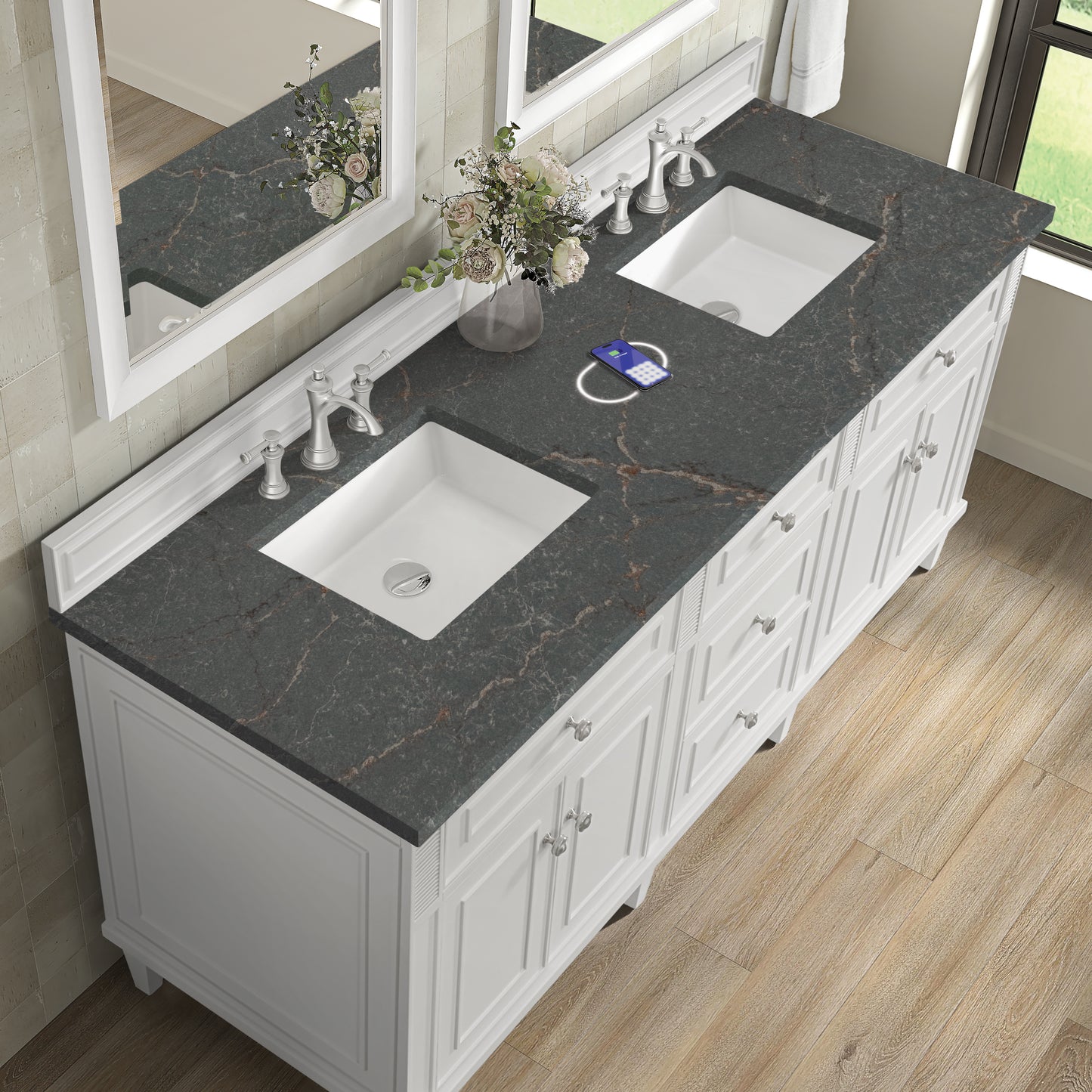 James Martin Lorelai 72" Double Vanity with 3 CM Countertop & FreePower Wireless Charger