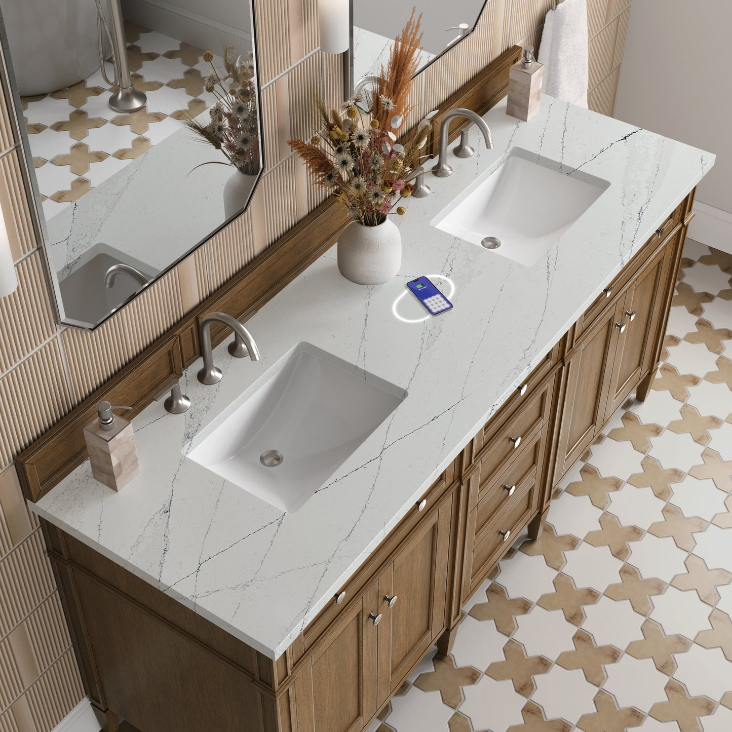 James Martin Brittany 72" Double Vanity with 3 CM Countertop & FreePower Wireless Charger