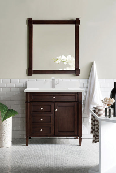 James Martin Brittany 36" Single Vanity with Single Hole 3 CM White Zeus Silestone Top & Backsplash