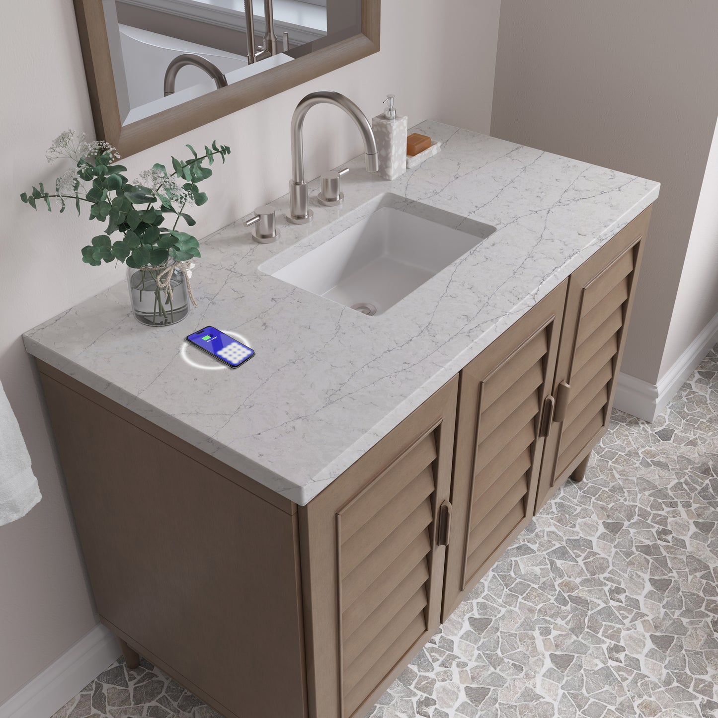 James Martin Portland 48" Single Vanity Whitewashed Walnut with 3 CM Countertop & FreePower Wireless Charger