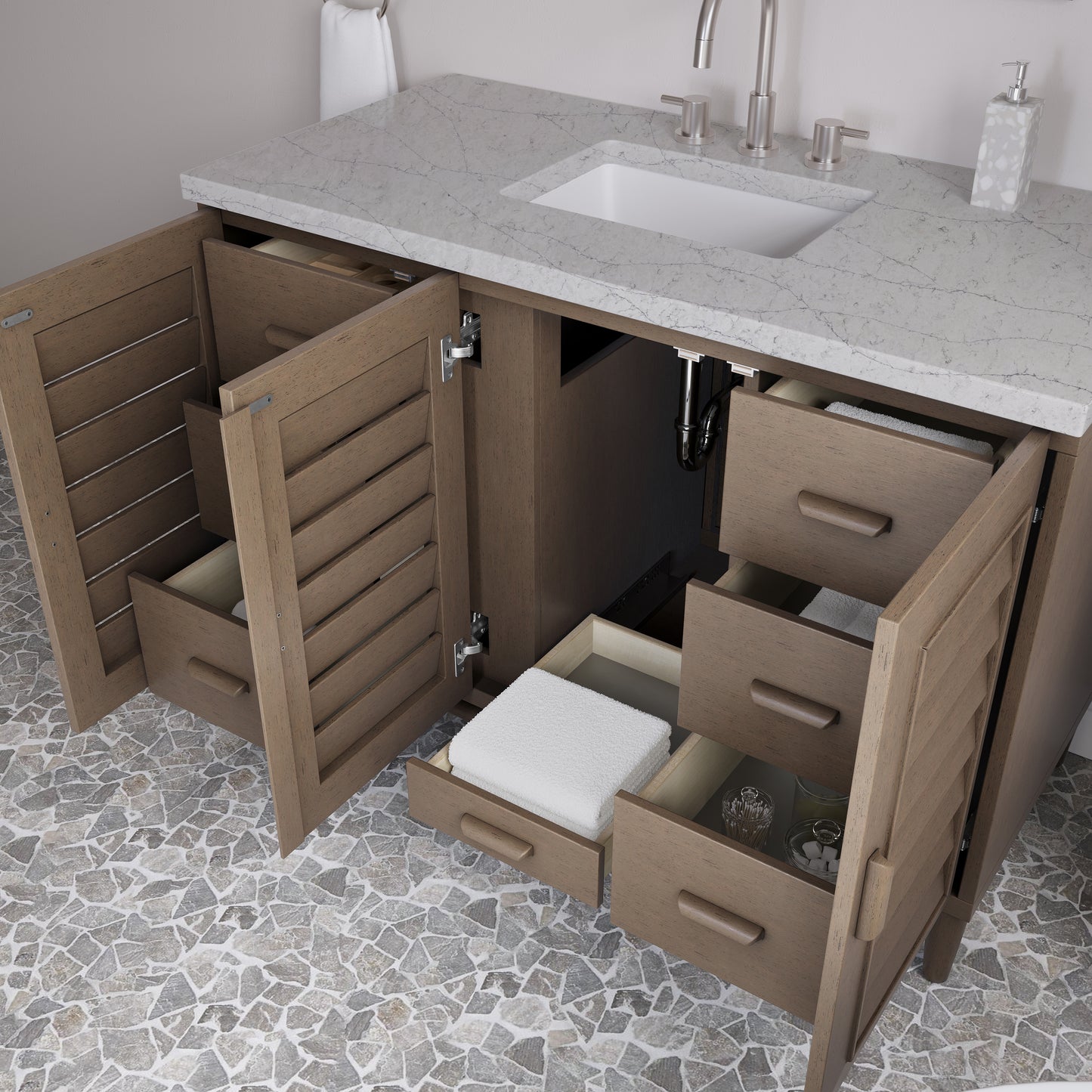 James Martin Portland 48" Single Vanity Whitewashed Walnut with 3 CM Countertop & FreePower Wireless Charger