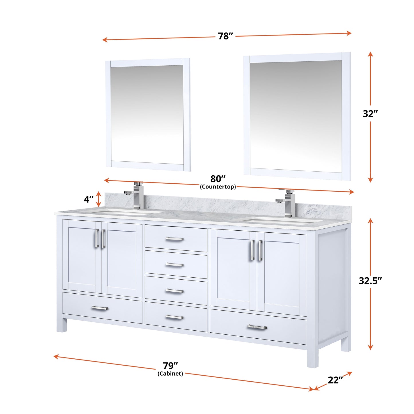 Lexora Collection Jacques 80 inch Double Bath Vanity, Top, Faucet Set, and 30 inch Mirrors - Luxe Bathroom Vanities