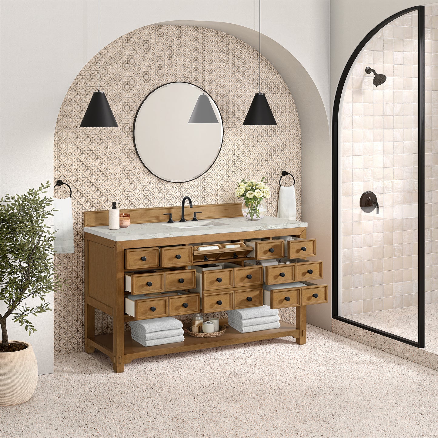 James Martin Malibu 60" Single Vanity, Amber Birch with 3 CM Countertop & FreePower Wireless Charger