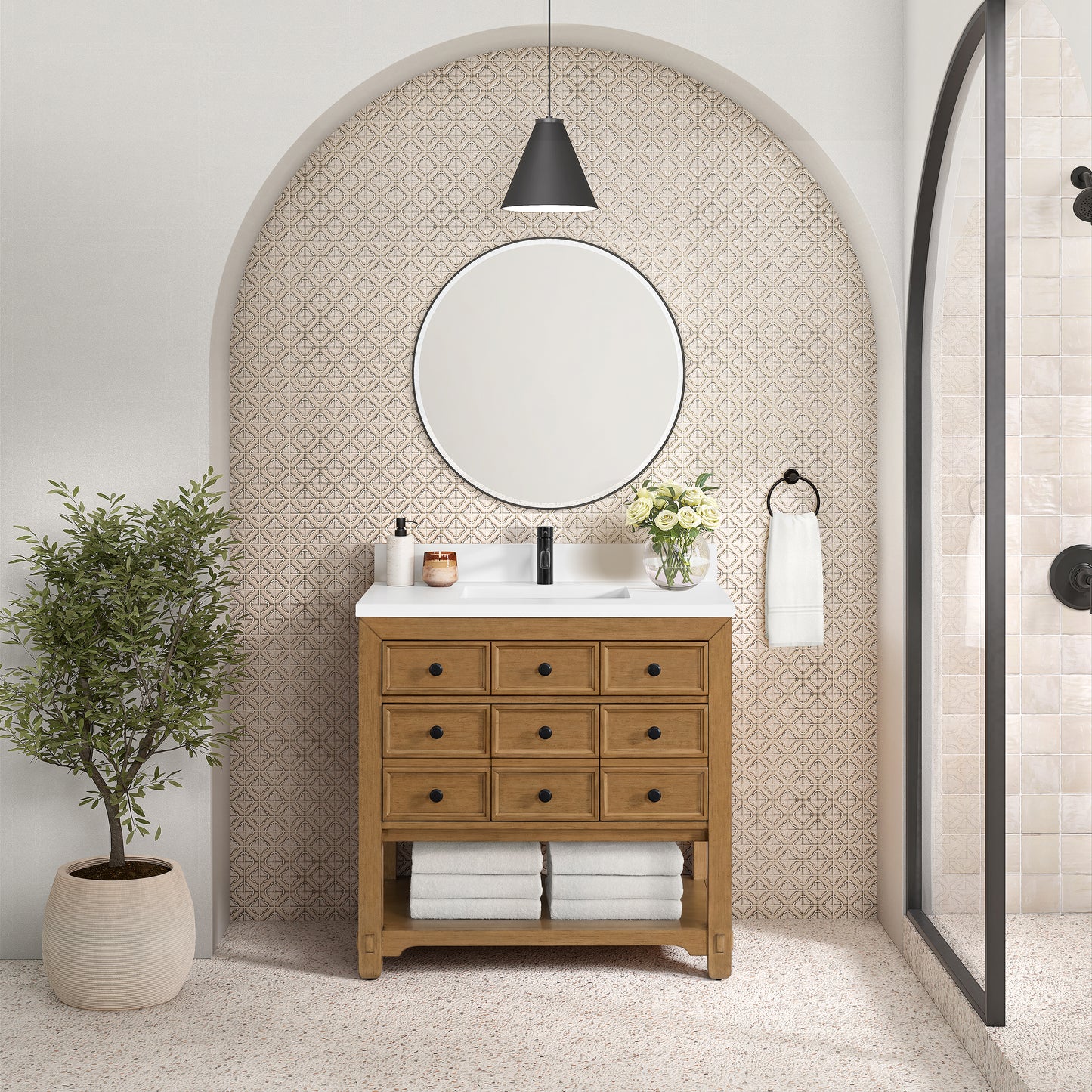 James Martin Malibu 36" Single Vanity, Amber Birch w/ Single Hole 3 CM White Zeus Top & Backsplash - Luxe Bathroom Vanities