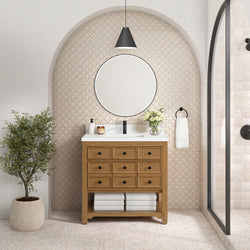 James Martin Malibu 36" Single Vanity, Amber Birch w/ Single Hole 3 CM White Zeus Top & Backsplash - Luxe Bathroom Vanities