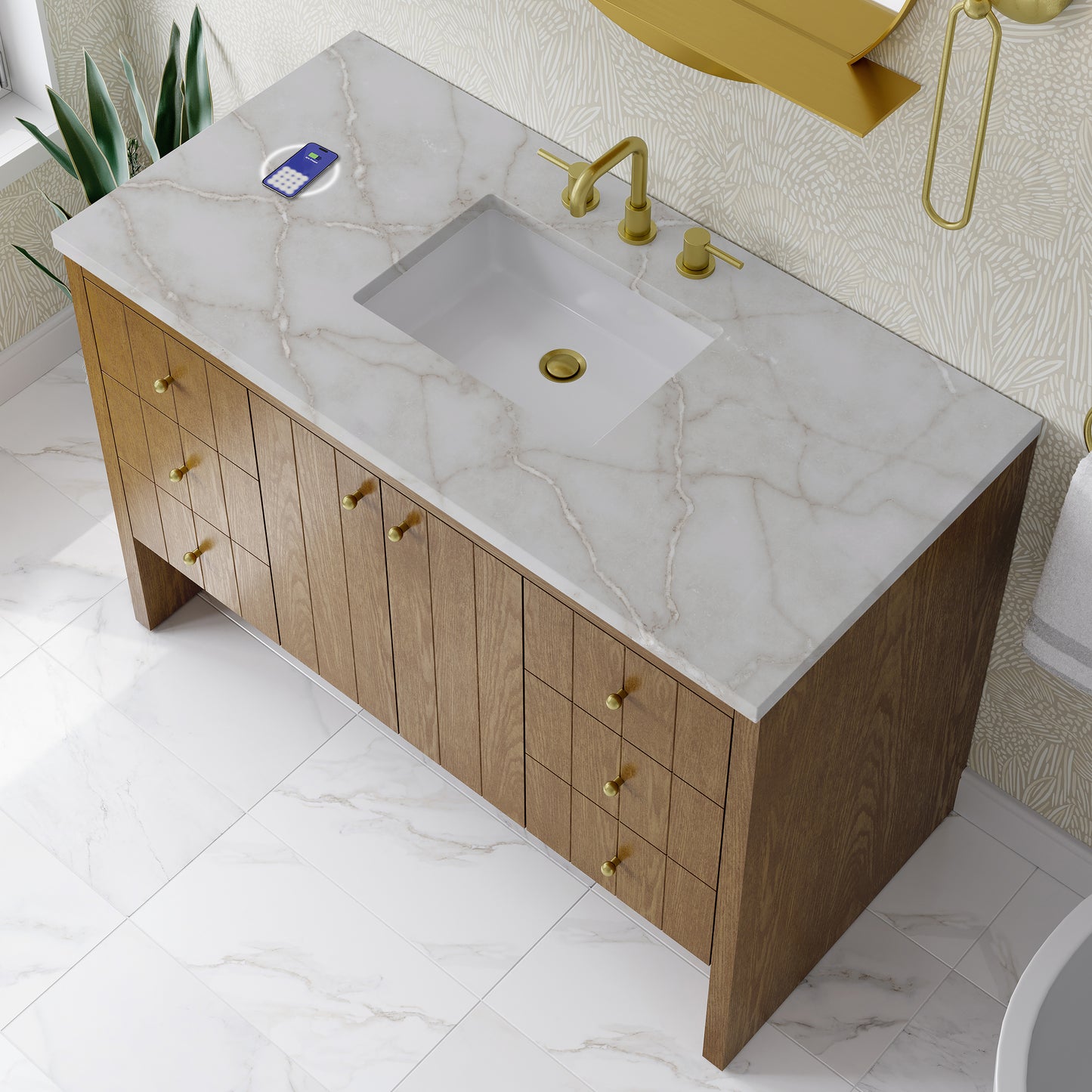 James Martin Hudson 48" Single Vanity Honey Oak w/ 3 CM Countertop & FreePower Wireless Charger