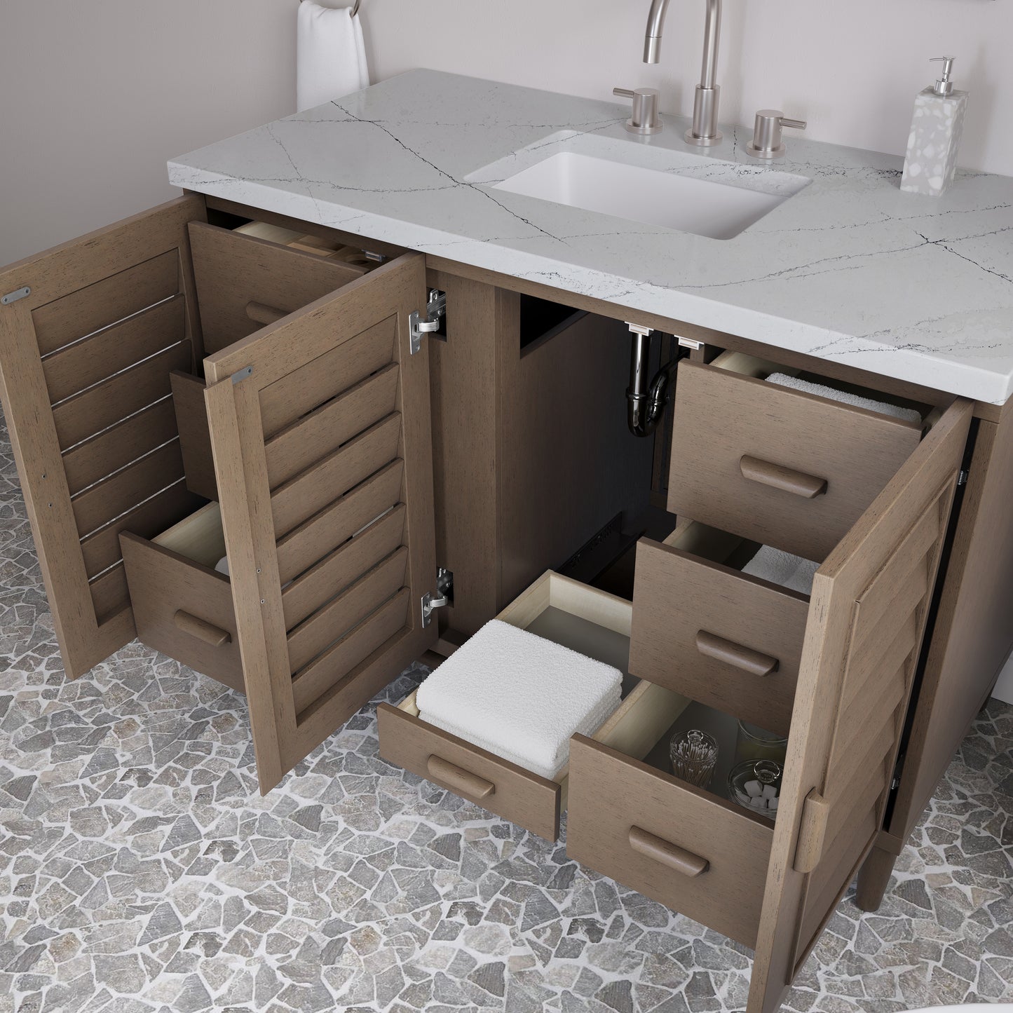 James Martin Portland 48" Single Vanity Whitewashed Walnut with 3 CM Countertop & FreePower Wireless Charger
