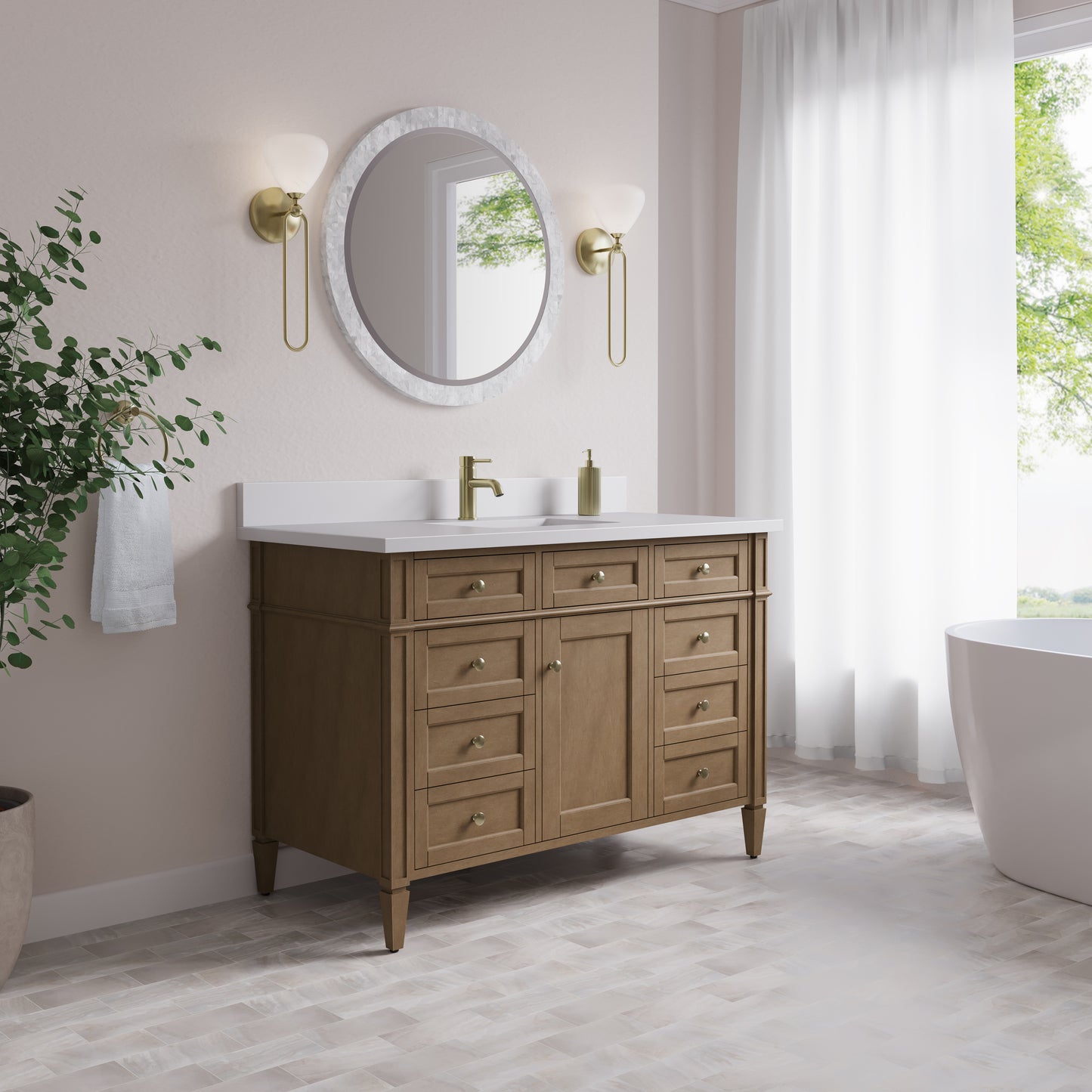 James Martin Brittany 48" Single Vanity with Single Hole 3 CM White Zeus Quartz Top & Backsplash
