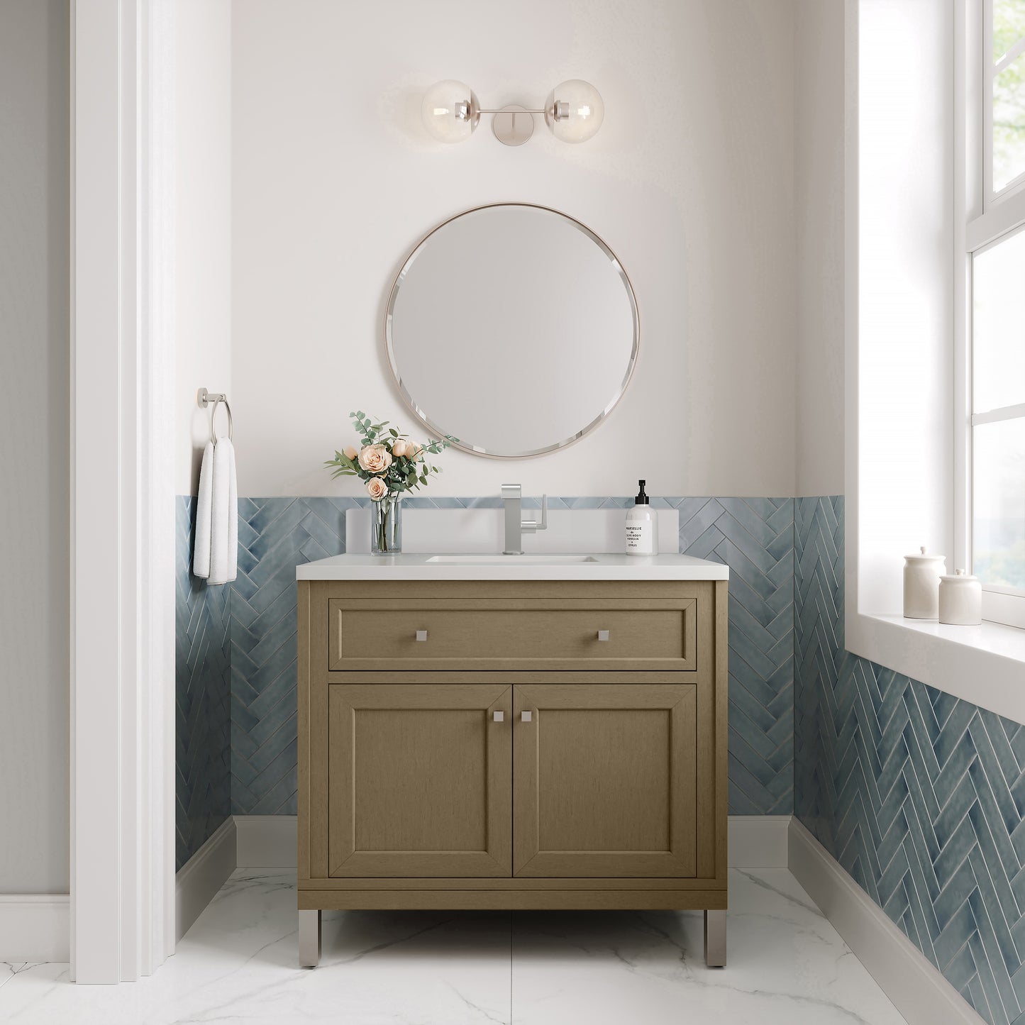 James Martin Chicago 36" Single Vanity with Single Hole 3CM White Zeus Silestone Top & Backsplash