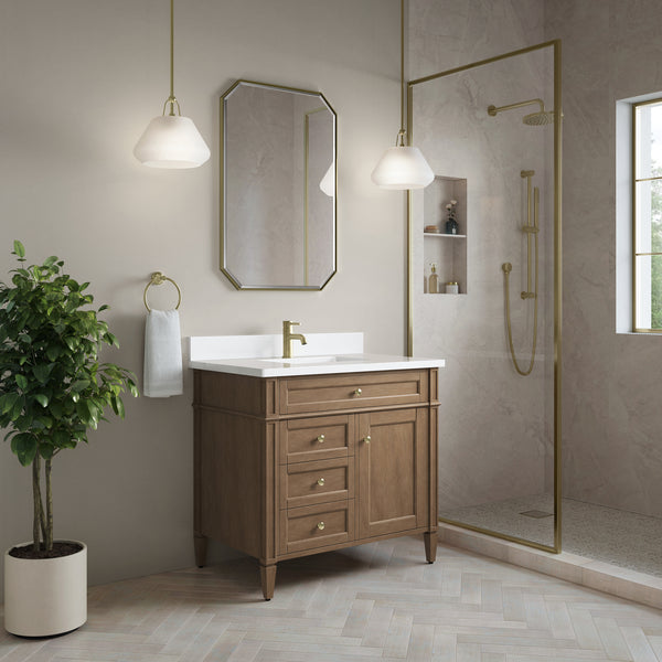 James Martin Brittany 36" Single Vanity with Single Hole 3 CM White Zeus Silestone Top & Backsplash