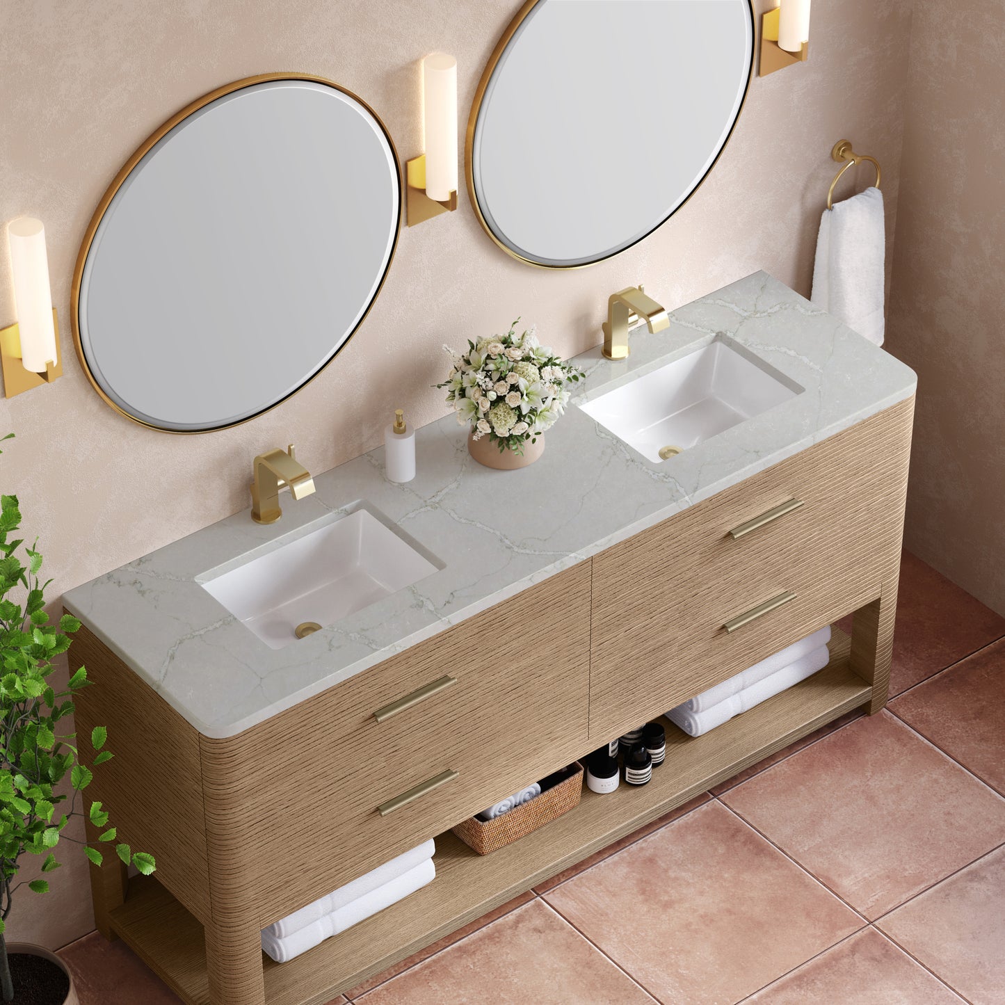James Martin Lucian 72" Double Vanity, Pebble Oak w/ 3 CM Top - Luxe Bathroom Vanities