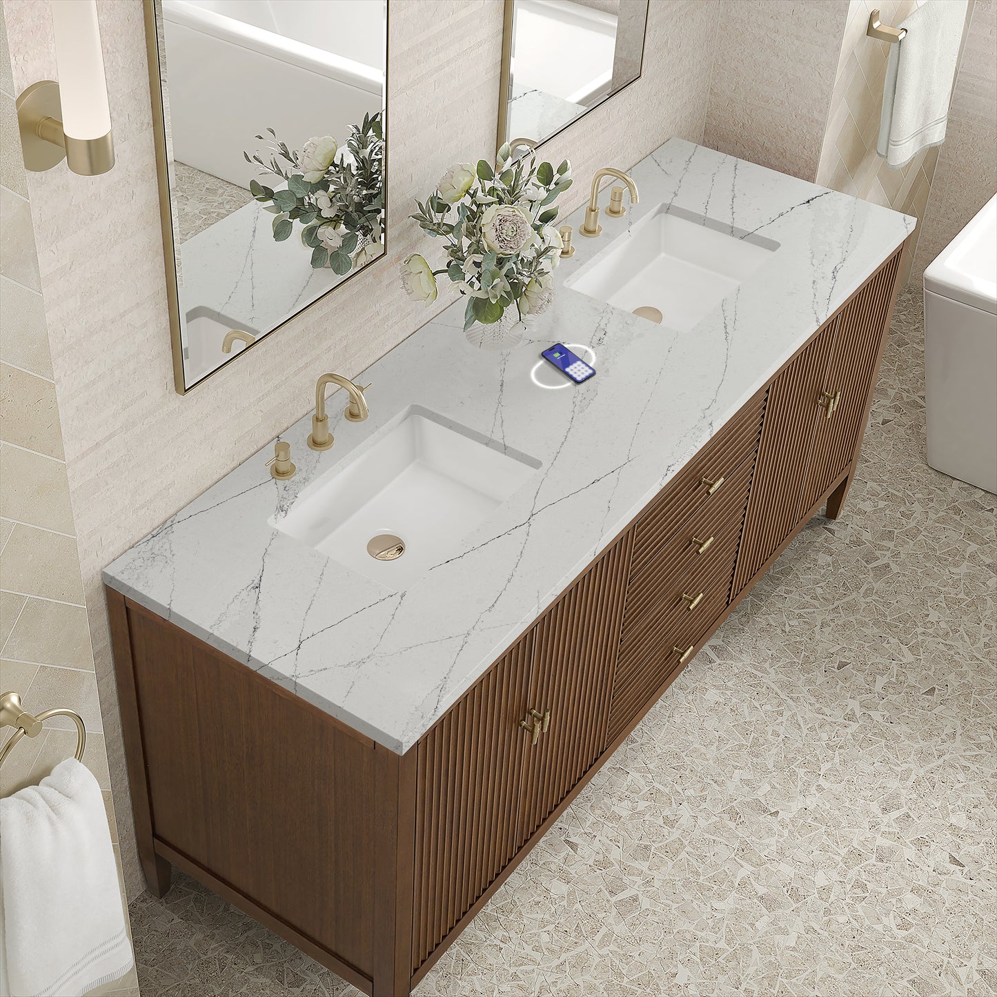 James Martin Myrrin 72" Double Vanity with 3 CM Countertop & FreePower Wireless Charger